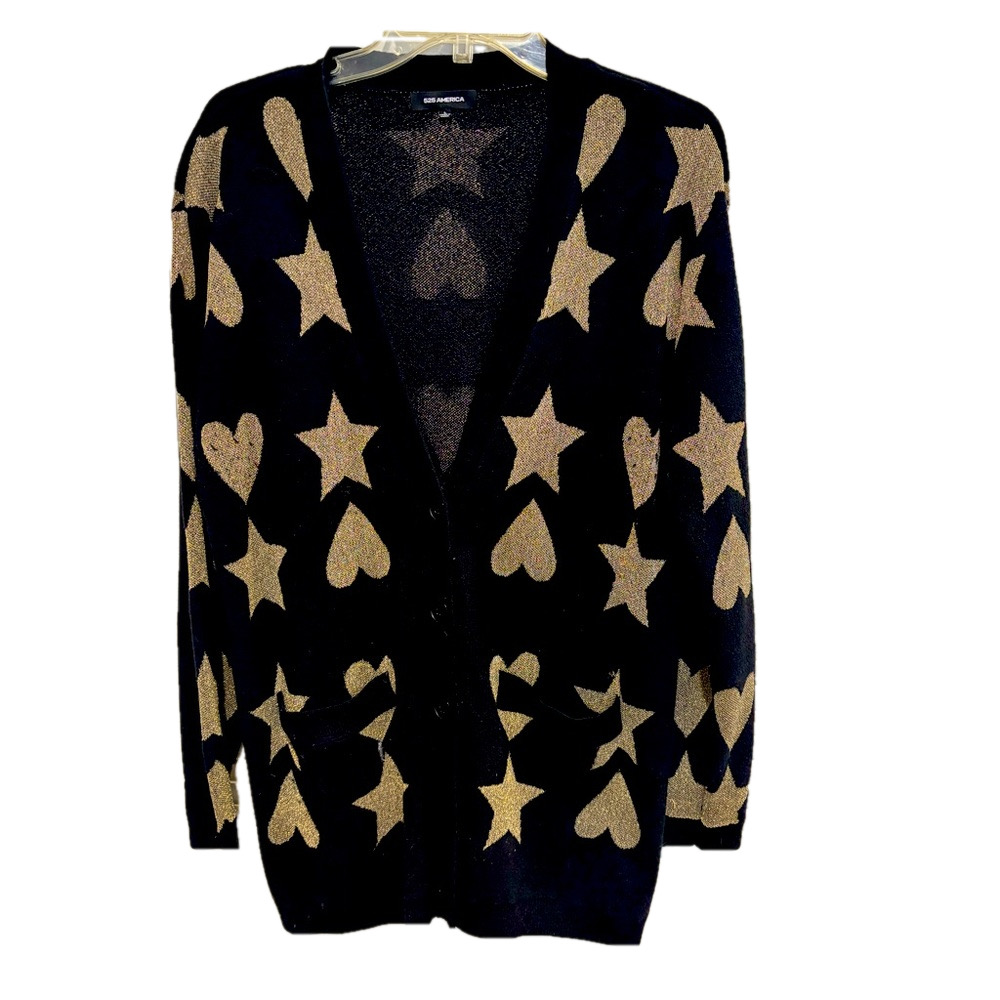 525 America Black Gold Heart Star Button Front Wool Cardigan Sweater Size Large
